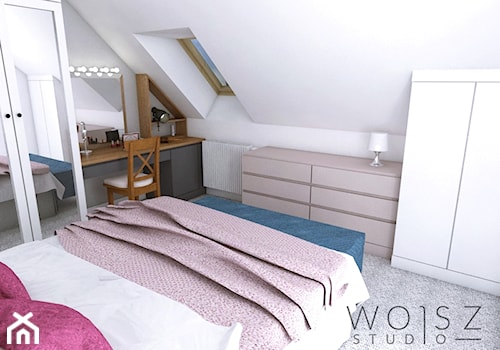 Dom w Różynach · Projekt - Średnia biała szara sypialnia na poddaszu, styl nowoczesny - zdjęcie od WOJSZ studio