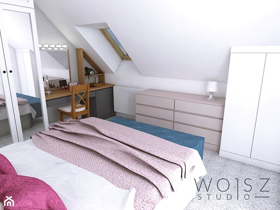 Dom w Różynach · Projekt - Średnia biała szara sypialnia na poddaszu, styl nowoczesny - zdjęcie od WOJSZ studio