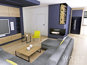 Dom w Warszawie · Projekt - Duży niebieski salon z kuchnią, styl nowoczesny - zdjęcie od WOJSZ studio