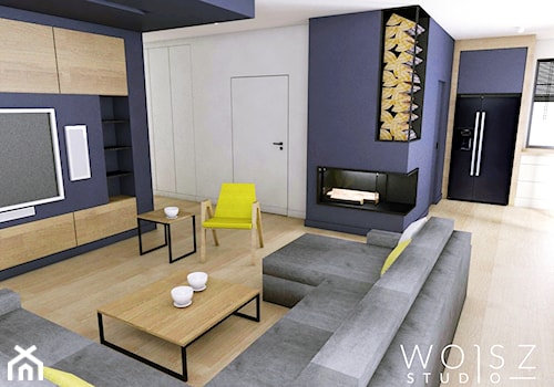 Dom w Warszawie · Projekt - Duży niebieski salon z kuchnią, styl nowoczesny - zdjęcie od WOJSZ studio
