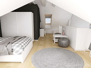 Poddasze dla nastolatki w Gdańsku · Projekt - Średnia biała czarna sypialnia na poddaszu, styl nowoczesny - zdjęcie od WOJSZ studio