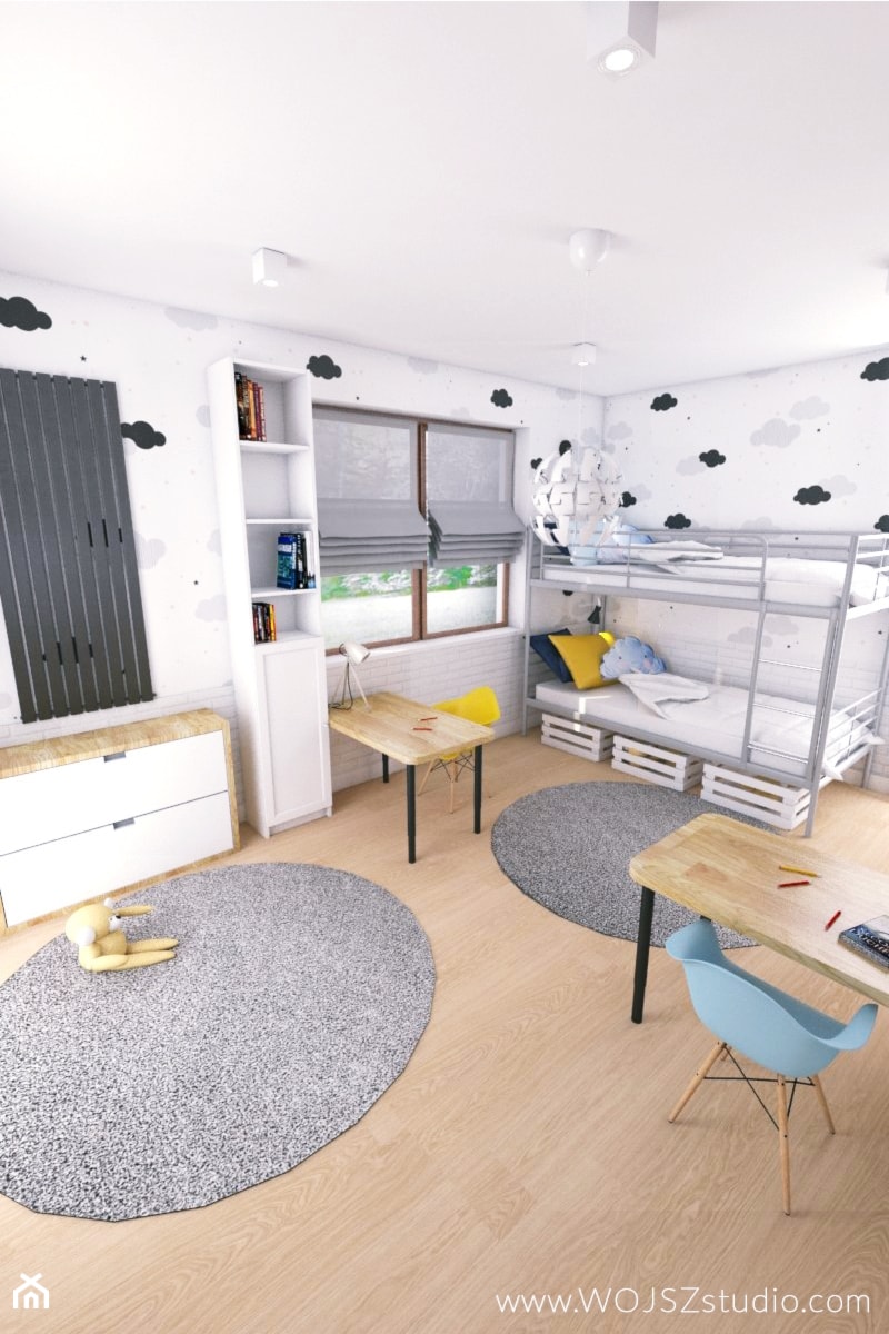 Mieszkanie w Gdyni · Projekt - Duży biały pokój dziecka dla dziecka dla nastolatka dla chłopca dla dziewczynki dla rodzeństwa, styl nowoczesny - zdjęcie od WOJSZ studio