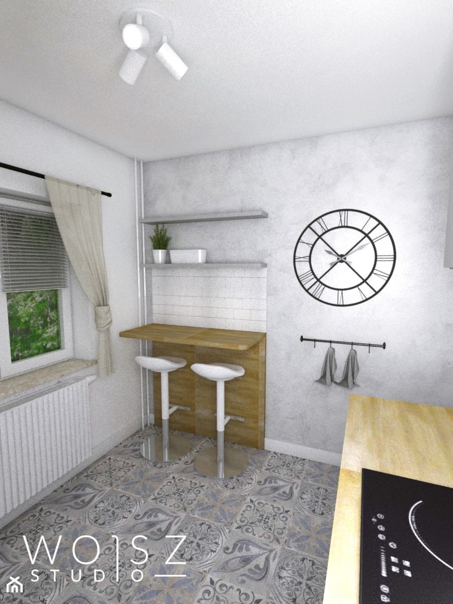Mieszkanie w Gdańsku · Projekt - Średnia zamknięta szara z zabudowaną lodówką kuchnia jednorzędowa z oknem, styl nowoczesny - zdjęcie od WOJSZ studio