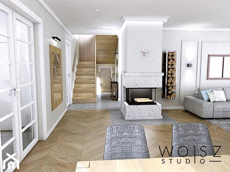 Aranżacje wnętrz - Salon: Dom w Wejherowie · Projekt - Duży szary salon z jadalnią, styl glamour - WOJSZ studio. Przeglądaj, dodawaj i zapisuj najlepsze zdjęcia, pomysły i inspiracje designerskie. W bazie mamy już prawie milion fotografii!