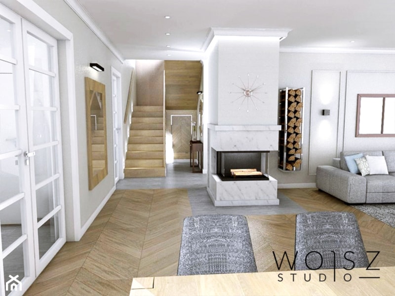 Dom w Wejherowie · Projekt - Duży szary salon z jadalnią, styl glamour - zdjęcie od WOJSZ studio