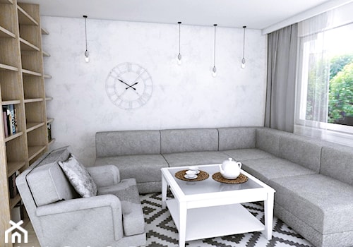 Mieszkanie w Gdańsku · Projekt - Średni biały salon z bibiloteczką, styl skandynawski - zdjęcie od WOJSZ studio
