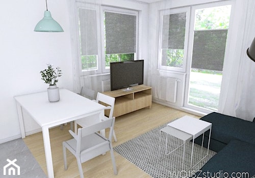 Mieszkanie w Gdańsku · Projekt - Średni biały salon z jadalnią z tarasem / balkonem, styl nowoczesny - zdjęcie od WOJSZ studio