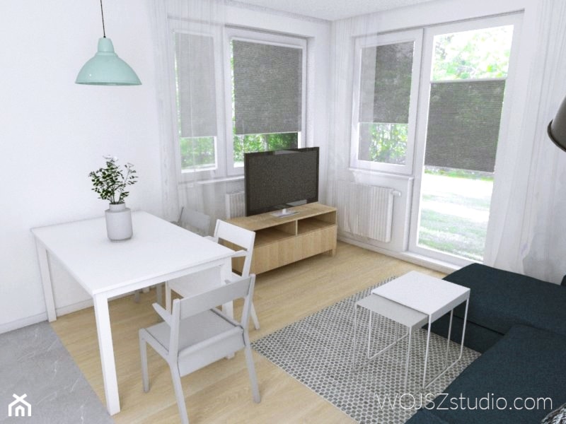 Mieszkanie w Gdańsku · Projekt - Średni biały salon z jadalnią z tarasem / balkonem, styl nowoczesny - zdjęcie od WOJSZ studio
