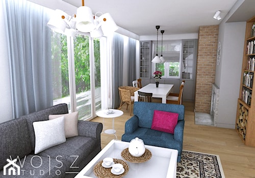Dom w Różynach · Projekt - Średni biały szary salon z jadalnią z bibiloteczką, styl rustykalny - zdjęcie od WOJSZ studio