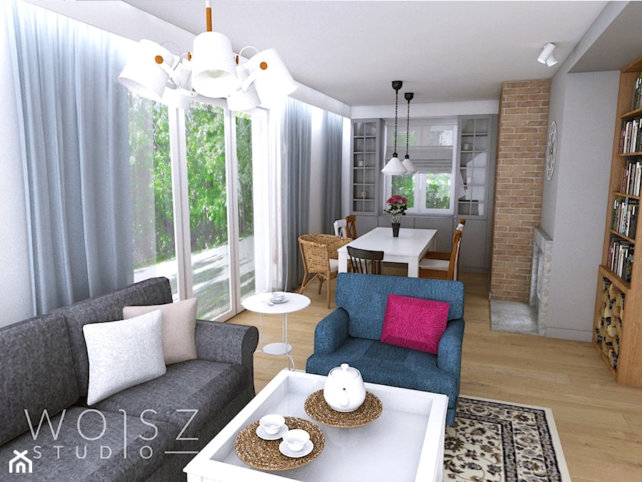 Dom w Różynach · Projekt - Średni biały szary salon z jadalnią z bibiloteczką, styl rustykalny - zdjęcie od WOJSZ studio