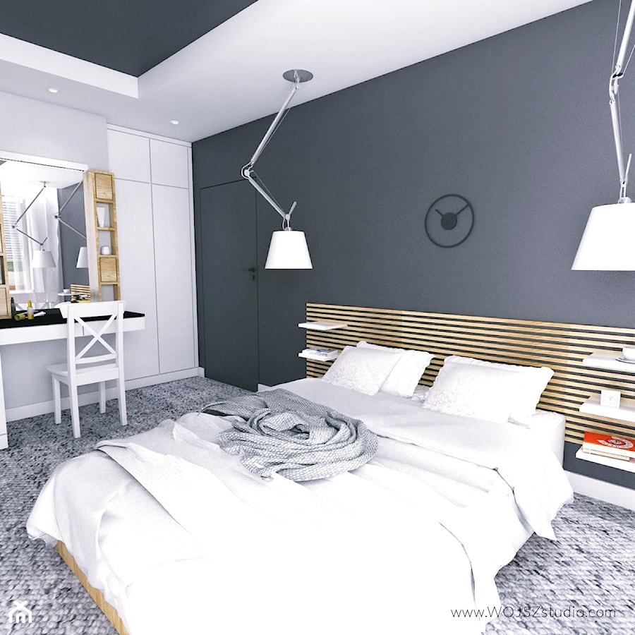 Mieszkanie w Gdyni · Projekt - Średnia szara z biurkiem sypialnia, styl nowoczesny - zdjęcie od WOJSZ studio