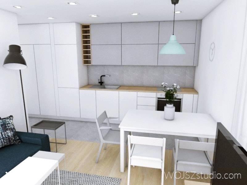Mieszkanie w Gdańsku · Projekt - Średnia z salonem biała szara z zabudowaną lodówką kuchnia jednorzędowa, styl nowoczesny - zdjęcie od WOJSZ studio