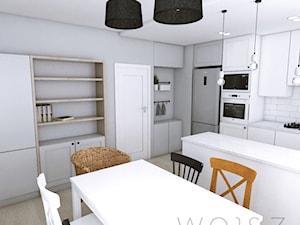 Mieszkanie w Gdańsku · Projekt - Średnia otwarta z kamiennym blatem biała szara z zabudowaną lodówką kuchnia jednorzędowa z wyspą lub półwyspem, styl skandynawski - zdjęcie od WOJSZ studio