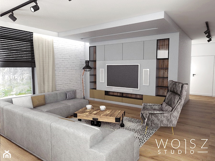 Dom w Warszawie · Projekt - Średni biały szary salon, styl industrialny - zdjęcie od WOJSZ studio