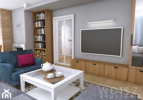 Dom w Różynach · Projekt - Mały szary salon z bibiloteczką, styl rustykalny - zdjęcie od WOJSZ studio