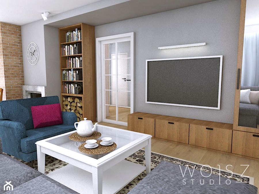 Dom w Różynach · Projekt - Mały szary salon z bibiloteczką, styl rustykalny - zdjęcie od WOJSZ studio