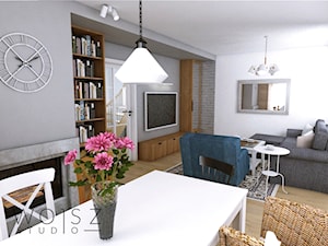 Dom w Różynach · Projekt - Mały biały szary salon z jadalnią z bibiloteczką, styl rustykalny - zdjęcie od WOJSZ studio