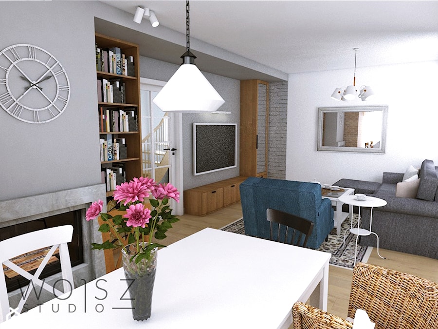 Dom w Różynach · Projekt - Mały biały szary salon z jadalnią z bibiloteczką, styl rustykalny - zdjęcie od WOJSZ studio