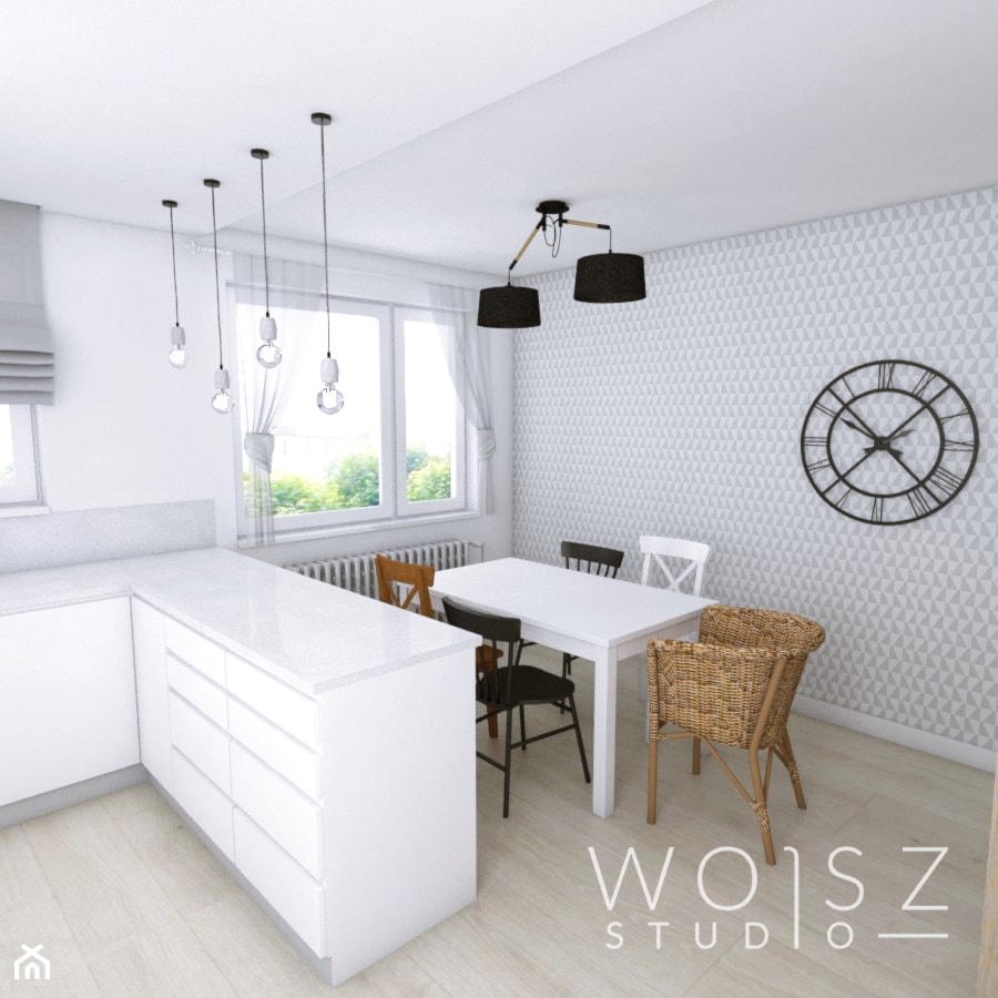 Mieszkanie w Gdańsku · Projekt - Mała otwarta z kamiennym blatem szara kuchnia w kształcie litery l z oknem, styl skandynawski - zdjęcie od WOJSZ studio