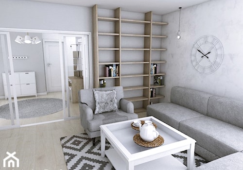 Mieszkanie w Gdańsku · Projekt - Średni szary salon z bibiloteczką, styl skandynawski - zdjęcie od WOJSZ studio