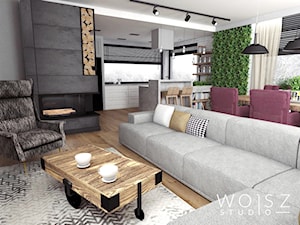 Dom w Warszawie · Projekt - Średni szary salon z kuchnią z jadalnią, styl industrialny - zdjęcie od WOJSZ studio