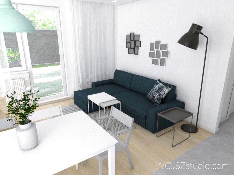 Mieszkanie w Gdańsku · Projekt - Mały biały salon z jadalnią z tarasem / balkonem, styl nowoczesny - zdjęcie od WOJSZ studio