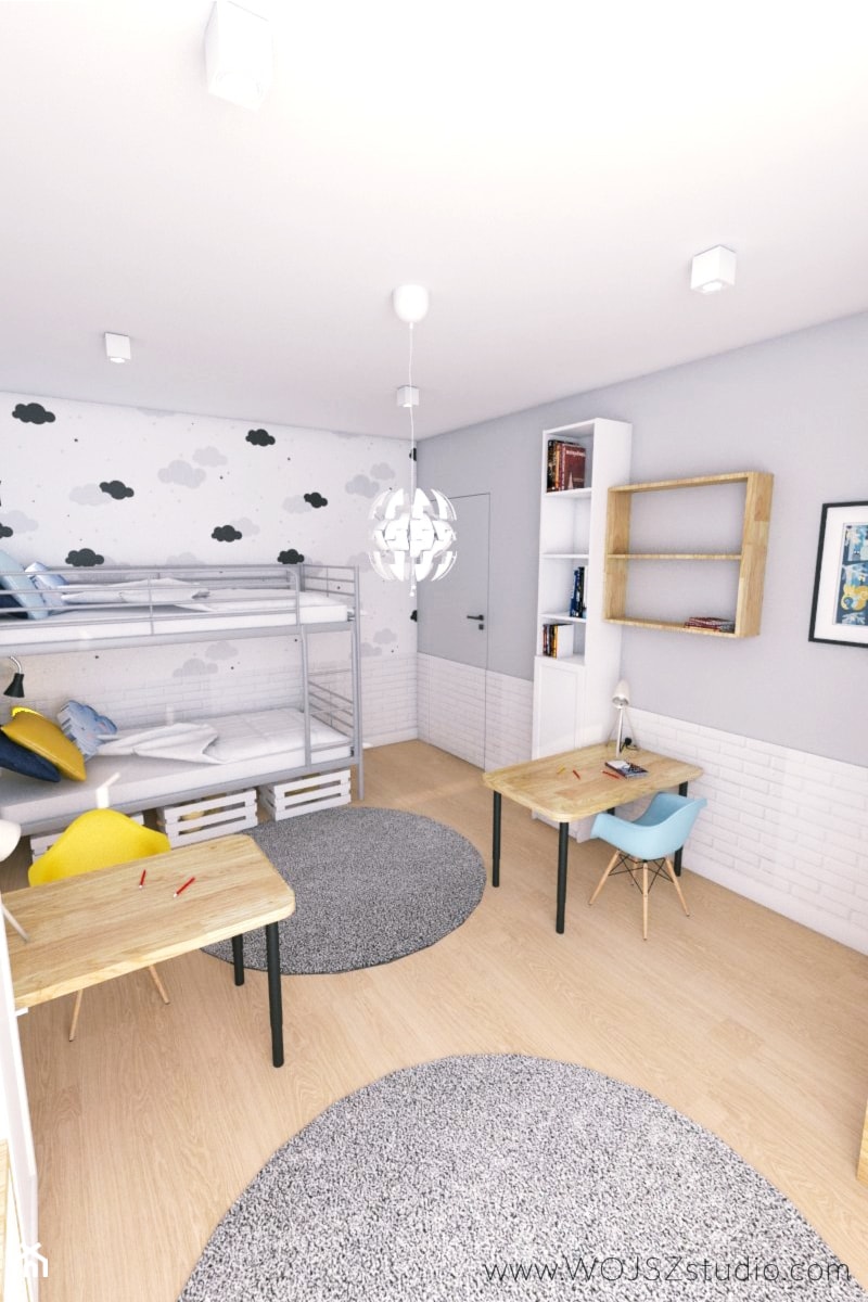 Mieszkanie w Gdyni · Projekt - Duży biały szary pokój dziecka dla dziecka dla nastolatka dla chłopca dla dziewczynki dla rodzeństwa, styl nowoczesny - zdjęcie od WOJSZ studio