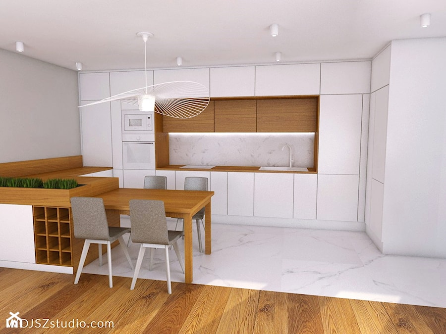 Mieszkanie w Gdańsku · Projekt - Średnia otwarta z salonem biała z zabudowaną lodówką z nablatowym zlewozmywakiem kuchnia w kształcie litery u z marmurem nad blatem kuchennym z marmurową podłogą, styl nowoczesny - zdjęcie od WOJSZ studio