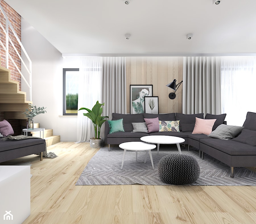 Dom 120m2,Brzezie - Duży biały salon, styl rustykalny - zdjęcie od STUDIO PNIAK