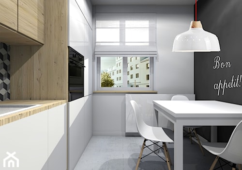 Mieszkanie w Gliwicach.Kuchnia z łazienką - Mała biała czarna jadalnia w kuchni, styl nowoczesny - zdjęcie od STUDIO PNIAK