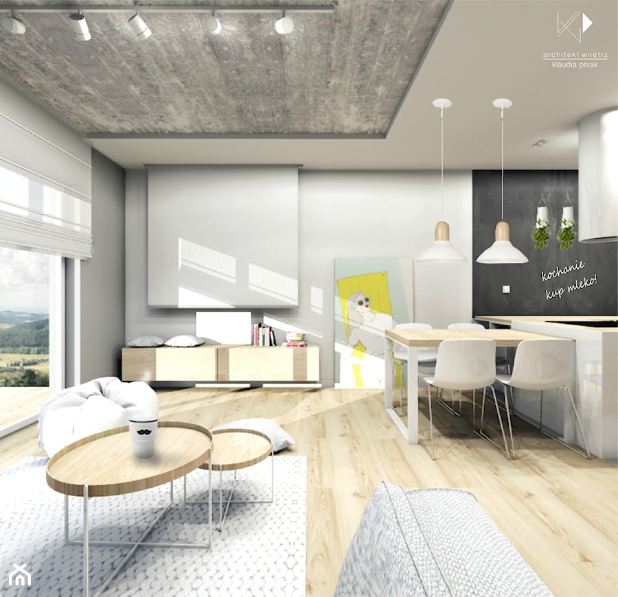 Mieszkanie Bielsko-Biała,50m2. 1 - Średnia szara jadalnia w salonie w kuchni, styl nowoczesny - zdjęcie od STUDIO PNIAK