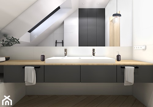 Dom 120m2,Brzezie - Średnia na poddaszu z dwoma umywalkami z punktowym oświetleniem łazienka z oknem, styl skandynawski - zdjęcie od STUDIO PNIAK