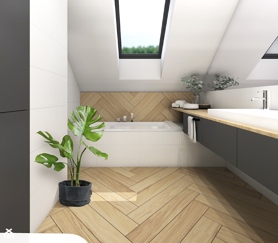 Dom 120m2,Brzezie - Mała na poddaszu łazienka z oknem, styl rustykalny - zdjęcie od STUDIO PNIAK