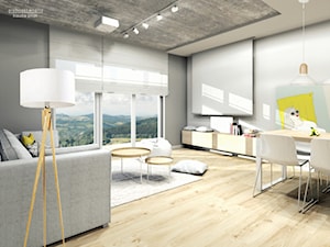 Mieszkanie Bielsko-Biała,50m2. 1 - Średni biały szary salon z jadalnią z tarasem / balkonem, styl nowoczesny - zdjęcie od STUDIO PNIAK