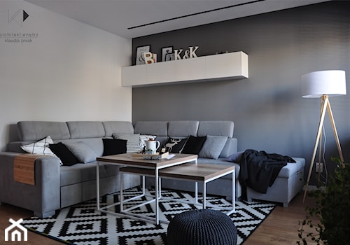 Metamorfoza domu jednorodzinnego,Wysoka-Zawiercie - Mały biały szary salon, styl skandynawski - zdjęcie od STUDIO PNIAK