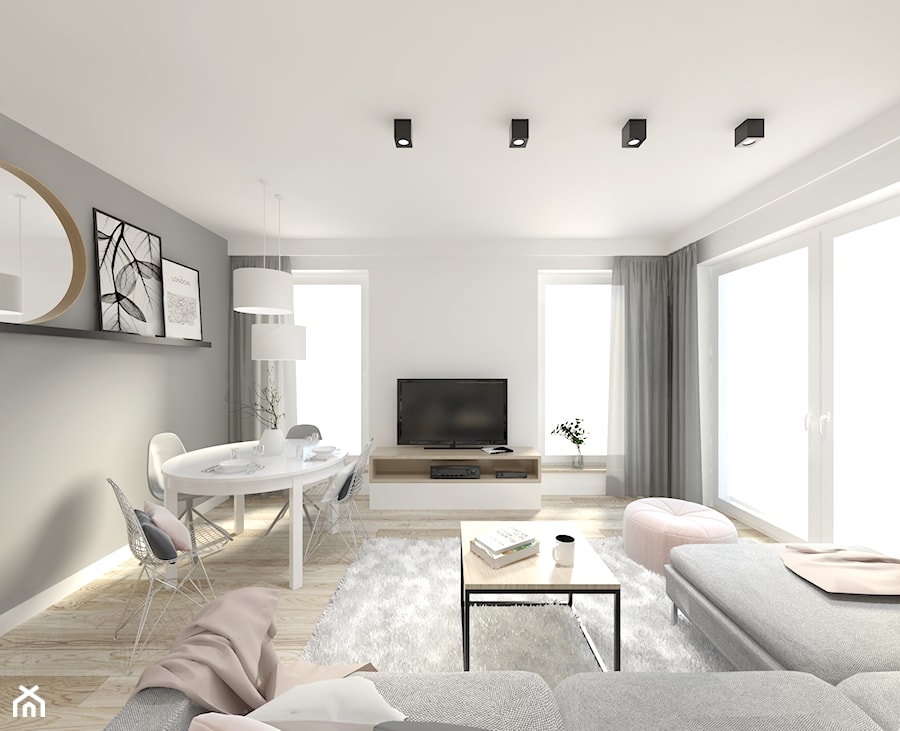 Mieszkanie na Nowych Żernikach - Duży biały szary salon z jadalnią, styl nowoczesny - zdjęcie od ALE PRACOWNIA