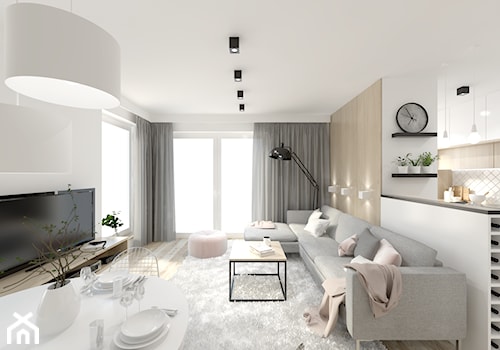 Mieszkanie na Nowych Żernikach - Duży biały salon z kuchnią z jadalnią, styl nowoczesny - zdjęcie od ALE PRACOWNIA