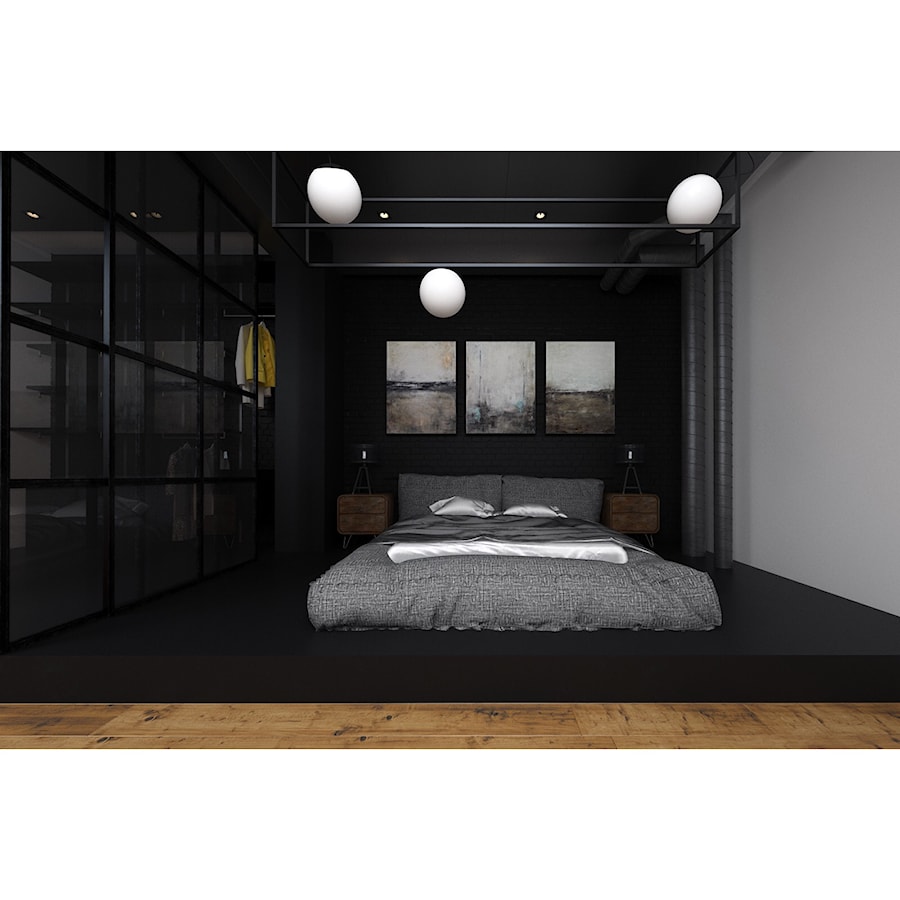 Czarna sypialnia - Duża czarna szara sypialnia, styl industrialny - zdjęcie od Projektowanie Wnętrz Krystian Motyl
