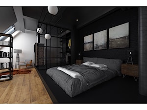 Czarna sypialnia - Duża czarna szara sypialnia na poddaszu, styl industrialny - zdjęcie od Projektowanie Wnętrz Krystian Motyl