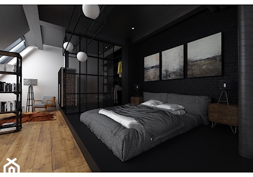 Czarna sypialnia - Duża czarna szara sypialnia na poddaszu, styl industrialny - zdjęcie od Projektowanie Wnętrz Krystian Motyl