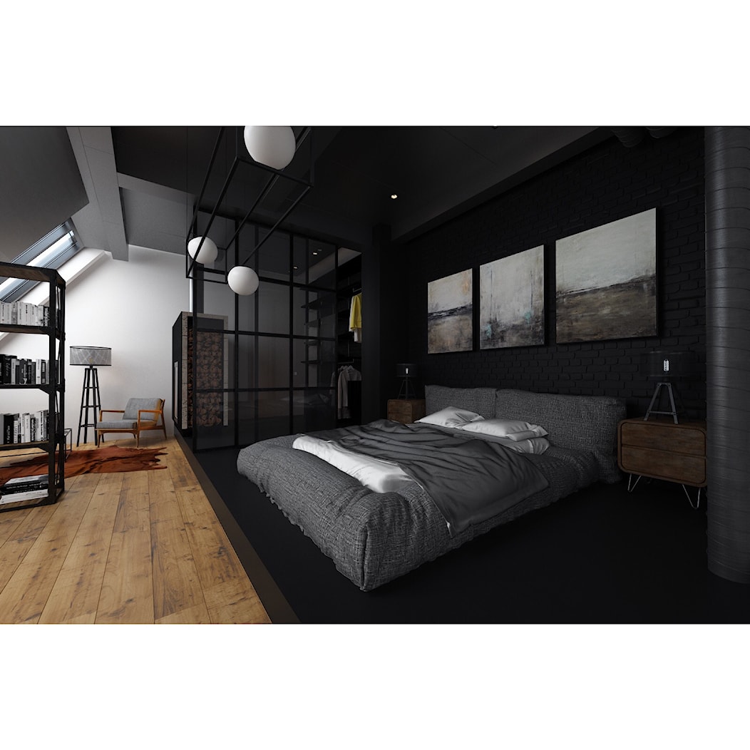 Czarna sypialnia - Duża czarna szara sypialnia na poddaszu, styl industrialny - zdjęcie od Projektowanie Wnętrz Krystian Motyl - Homebook