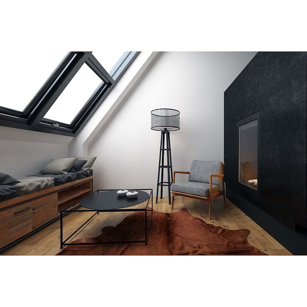 Czarna sypialnia - Mała czarna szara sypialnia na poddaszu, styl industrialny - zdjęcie od Projektowanie Wnętrz Krystian Motyl - Homebook
