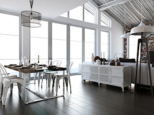 Dom z antresolą w odcieniach bieli - Duża biała jadalnia w salonie, styl skandynawski - zdjęcie od Projektowanie Wnętrz Krystian Motyl