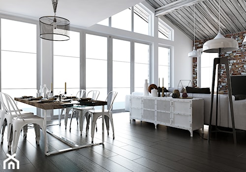 Dom z antresolą w odcieniach bieli - Duża biała jadalnia w salonie, styl skandynawski - zdjęcie od Projektowanie Wnętrz Krystian Motyl