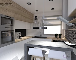 Projekt niewielkiej kuchni - Średnia otwarta z salonem z kamiennym blatem biała czarna szara z zabud ... - zdjęcie od Projektant elewacji, wnętrz i ogrodów - Homebook