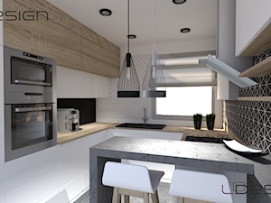 Projekt niewielkiej kuchni - Średnia otwarta z salonem z kamiennym blatem biała czarna szara z zabudowaną lodówką z nablatowym zlewozmywakiem kuchnia w kształcie litery g z oknem, styl nowoczesny - zdjęcie od LDesign - projekty elewacji, wnętrz i ogrodów