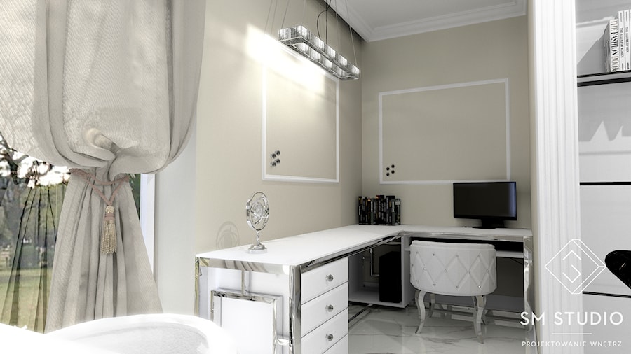 GLAMOUR - Średnie w osobnym pomieszczeniu z zabudowanym biurkiem beżowe białe biuro, styl glamour - zdjęcie od SM STUDIO Projektowanie wnętrz