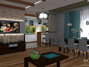 PRZEWAGA TURKUSU - Średni szary salon z kuchnią z jadalnią, styl rustykalny - zdjęcie od SM STUDIO Projektowanie wnętrz