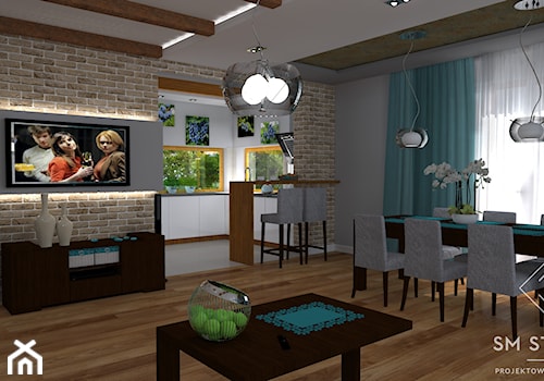 PRZEWAGA TURKUSU - Średni szary salon z kuchnią z jadalnią, styl rustykalny - zdjęcie od SM STUDIO Projektowanie wnętrz