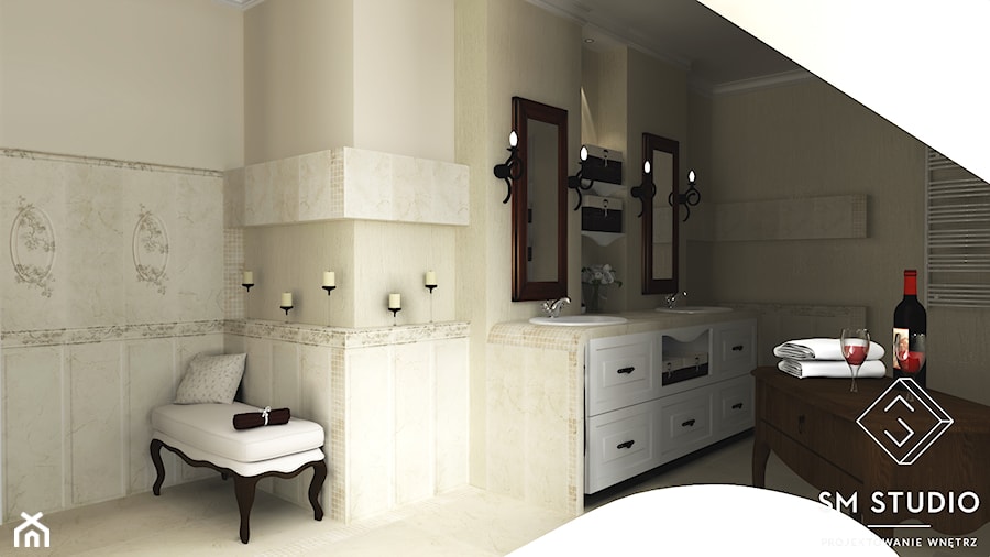 KLASYCZNIE - Średnia na poddaszu bez okna z lustrem z dwoma umywalkami z marmurową podłogą łazienka, styl tradycyjny - zdjęcie od SM STUDIO Projektowanie wnętrz